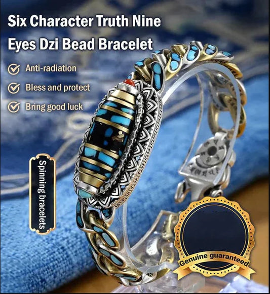 TURQUOISE SIX-CHARACTER MANTRA NINE-EYED DZI BEAD BRACELET