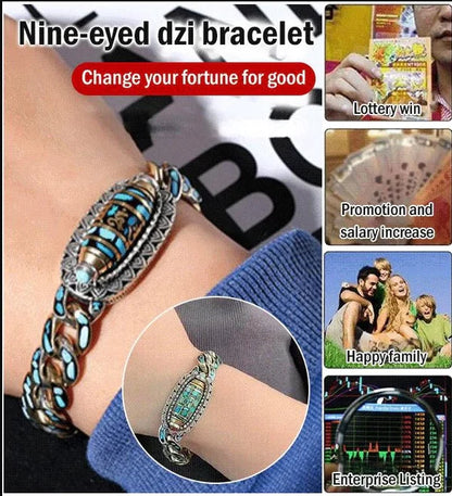 TURQUOISE SIX-CHARACTER MANTRA NINE-EYED DZI BEAD BRACELET