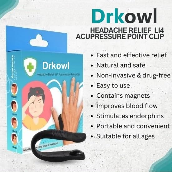 Drkowl - Natural Headache, Migraine, Tension Relief Wearable, Sugar Control Li4 Acupressure Point Clip, Acupressure Clip For Diabetic – Supporting Acupressure Relaxation - 1 Pack (Regular, Black)